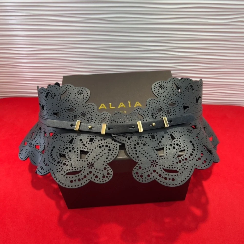 Alaïa Black Laser-Cut Floral Waist Belt with Gold Accents